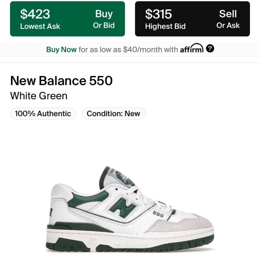 🔥SOLD New Balance 550 Green White